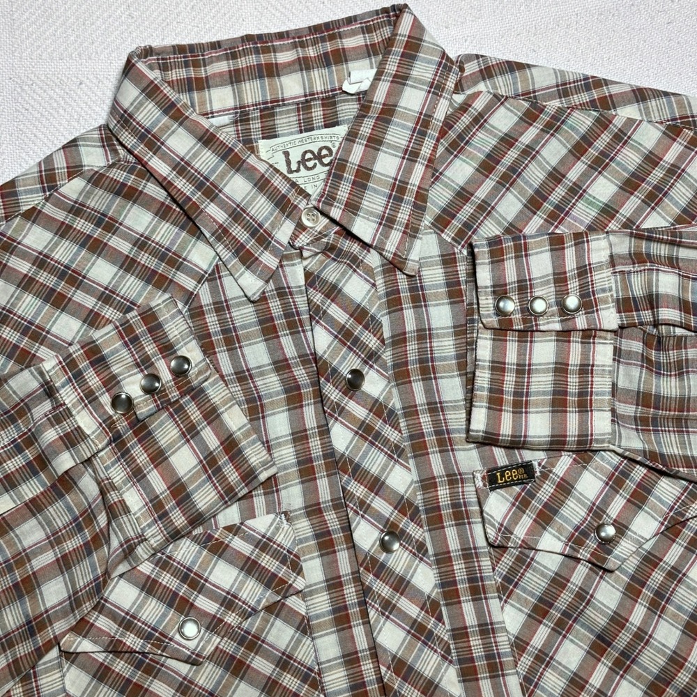 Vintage 70s Lee Pearl Snap Shirt Mens L/XL Brown Plaid Country Western Cowboy